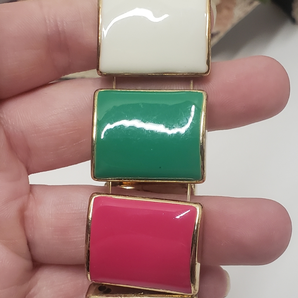 Pink Green & White Retro Stretch Bracelet Gold Tone Statement Bracelet - Picture 3 of 4